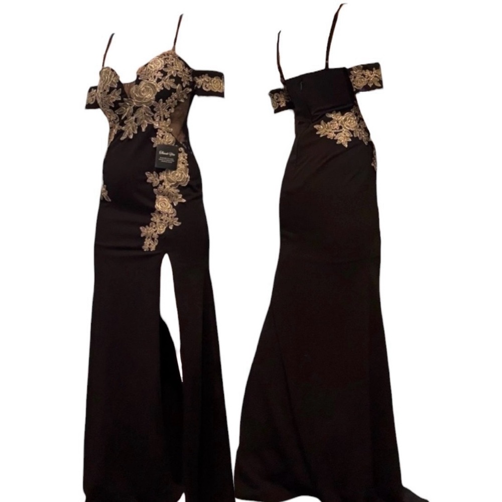 Black Off-Shoulder Elegant Maxi Dress with Gold Lace Appliqué